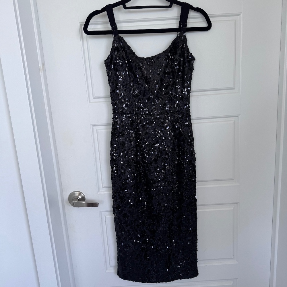 Dress the Population Lynda Black Sequin Cheetah Midi Length Dress Size XS